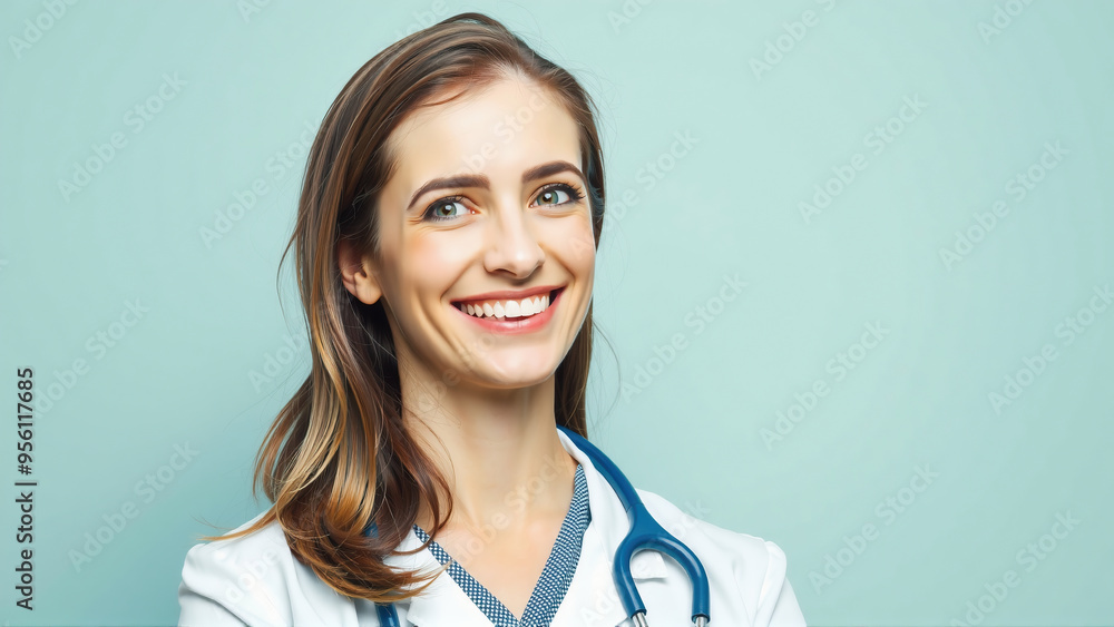 Smiling Female Doctor with Stethoscope Against Mint Green Background Smiling Female Doctor with Stethoscope Against Mint Green Background