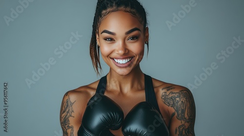 portrait of woman, looking directly into the camera and laughing hard, wearing a black cropped training tank top, black sport leggings, and boxing gloves, on a gray background