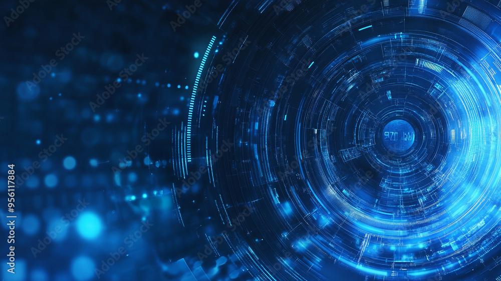 Fototapeta premium Abstract digital illustration of glowing blue circles and data patterns in a futuristic environment