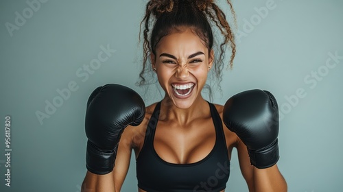portrait of woman, looking directly into the camera and laughing hard, wearing a black cropped training tank top, black sport leggings, and boxing gloves, on a gray background