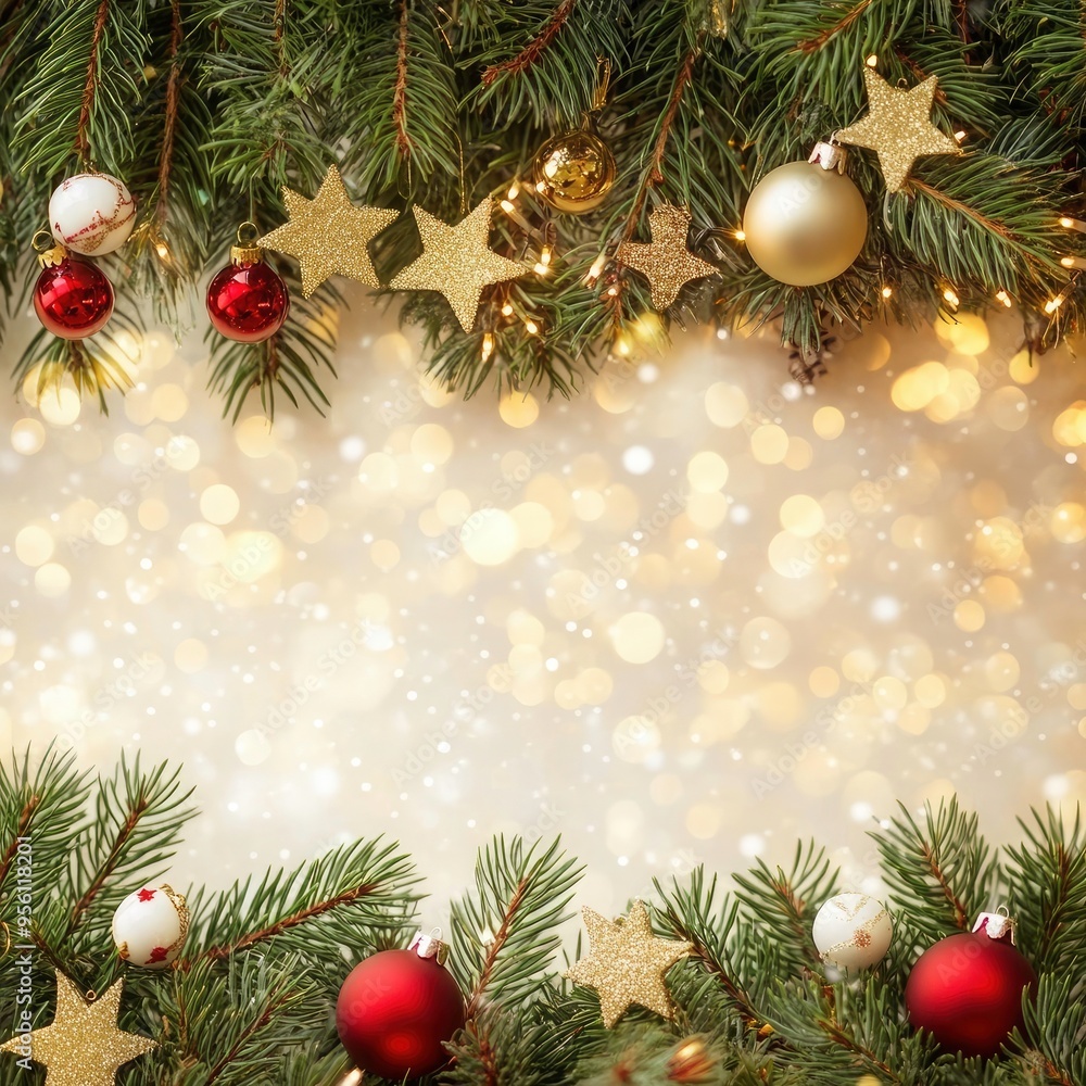 Christmas background with green pine branches, golden stars, and red, white, and yellow balls on a beige bokeh background. Xmas card, Christmas background, Xmas greeting, Xmas web header Christmas background with green pine branches, golden stars, and red, white, and yellow balls on a beige bokeh background. Xmas card, Christmas background, Xmas greeting, Xmas web header