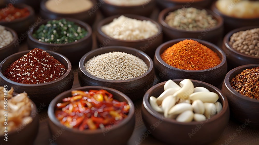 Assorted Korean Spices Displayed in Small Dishes Assorted Korean Spices Displayed in Small Dishes