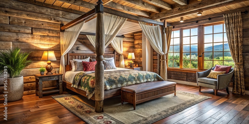 A rustic cabin bedroom boasts a Mobican shade canopy bed surrounded by wooden accents, where plush bedding invites A rustic cabin bedroom boasts a Mobican shade canopy bed surrounded by wooden accents, where plush bedding invites