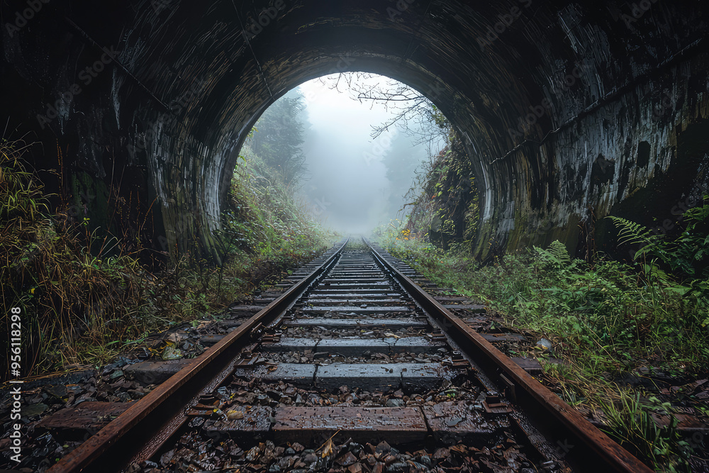 A Glimpse Through the Mist: Abandoned Train Tracks Vanish into a Fog-Shrouded Tunnel, Beckoning the Unknown. A Glimpse Through the Mist: Abandoned Train Tracks Vanish into a Fog-Shrouded Tunnel, Beckoning the Unknown.