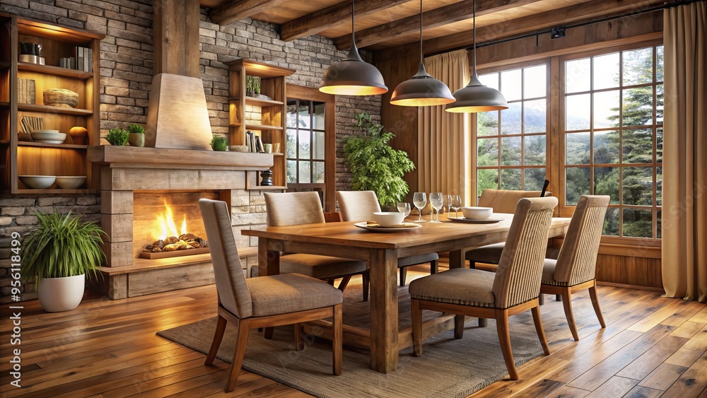 A rustic wood dining table and chairs create a cozy space, inviting relaxation and conversation over a warm A rustic wood dining table and chairs create a cozy space, inviting relaxation and conversation over a warm