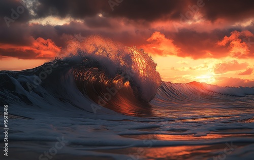 Create a detailed photograph of a wave crashing on the shore with a Canon EOS R5 and f8 aperture at golden hour photo