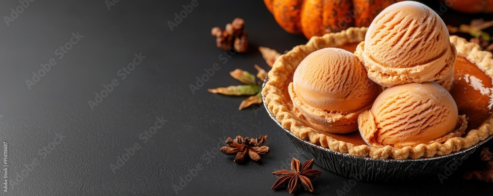 Delicious pumpkin pie topped with creamy pumpkin ice cream, perfect for autumn desserts and holiday gatherings. Delicious pumpkin pie topped with creamy pumpkin ice cream, perfect for autumn desserts and holiday gatherings.