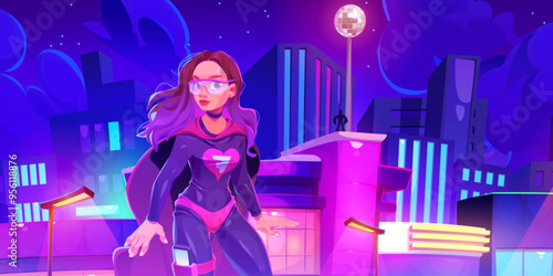 Woman superhero in suit and cloak standing on roof of skyscraper of downtown with neon glow at night. Cartoon vector female super hero protecting city life. Superwoman character on town building.