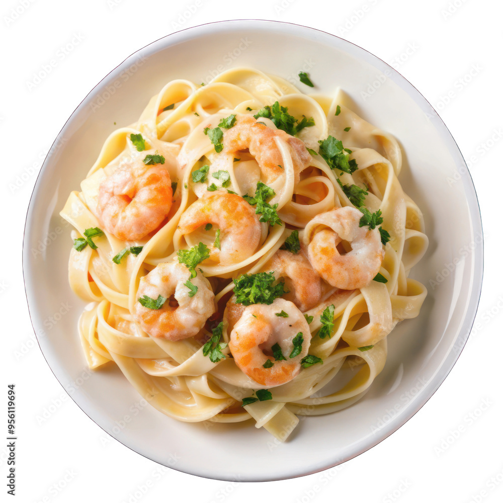 Shrimp Alfredo with fettuccine pasta in creamy sauce on white on transparent background Shrimp Alfredo with fettuccine pasta in creamy sauce on white on transparent background