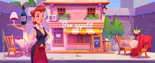 Smiling friendly woman waitress with wine bottle and glass on tray standing outdoor near chairs and tables on pedestrian. Cartoon vector city street cafe facade with window and entrance door.