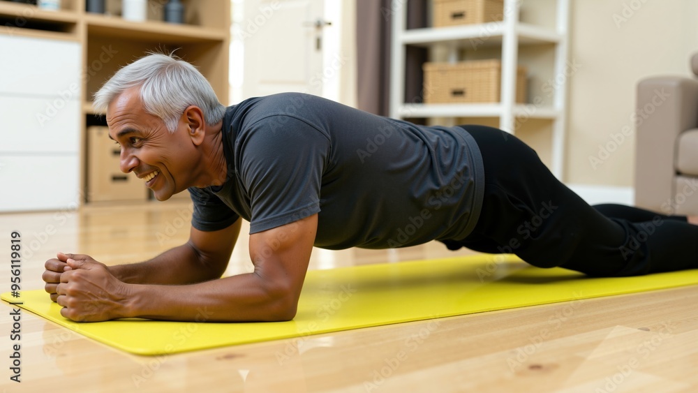 Fototapeta premium Active Senior Indian Man Performing a Plank on Yellow Mat at Home
