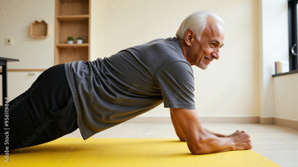 Fototapeta premium Active Senior Indian Man Performing a Plank on Yellow Mat at Home