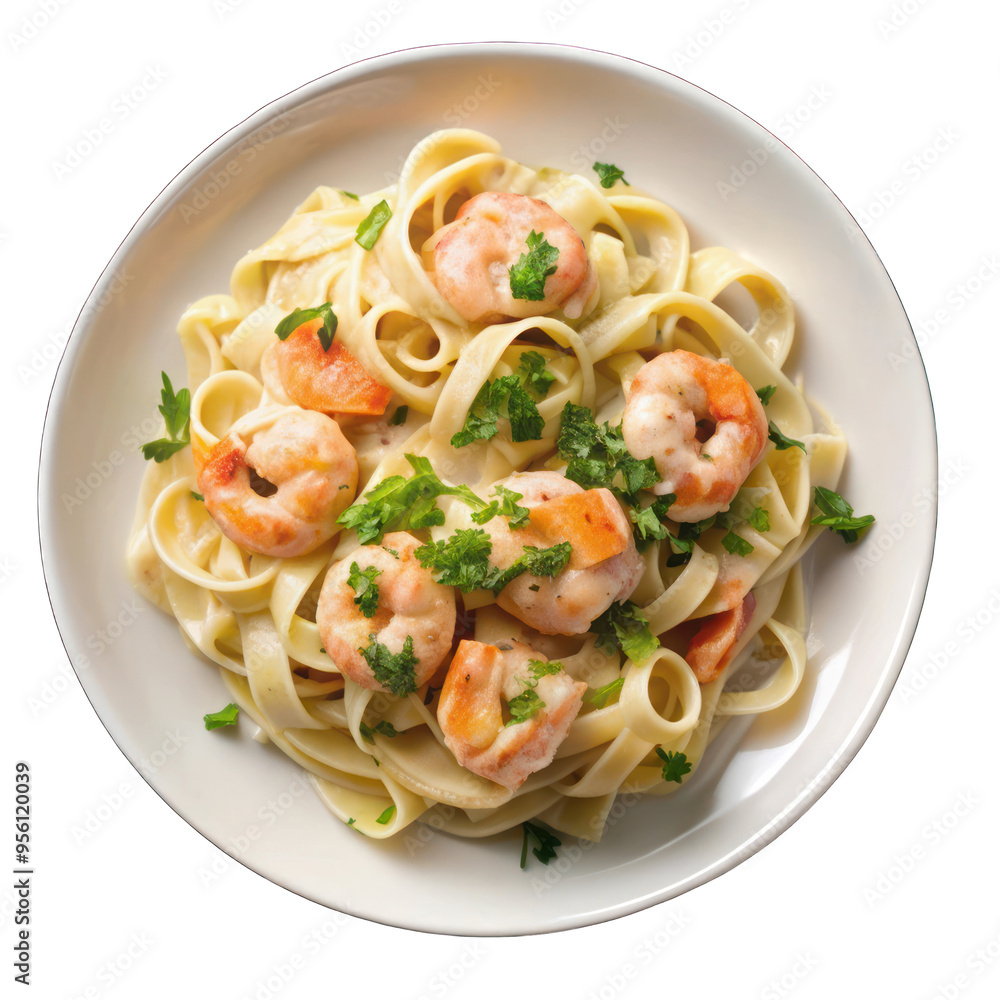 Shrimp Alfredo with fettuccine pasta in creamy sauce on white on transparent background Shrimp Alfredo with fettuccine pasta in creamy sauce on white on transparent background