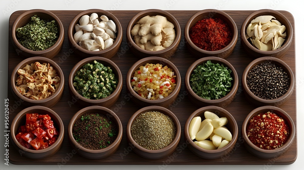 Assortment of Korean Spices for Homemade Kimchi on Wooden Board Assortment of Korean Spices for Homemade Kimchi on Wooden Board