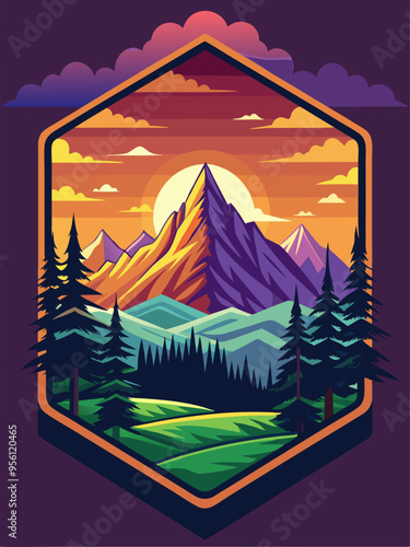 Sunset Mountain Landscape with Pine Trees and Clouds