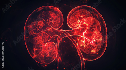 Two glowing red human kidneys on a black background photo