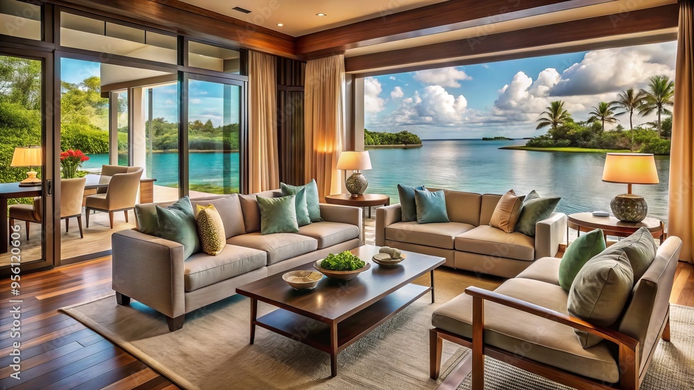 A serene lagoon's calming presence seeps into the cozy room, where plush sofas and chairs group around a A serene lagoon's calming presence seeps into the cozy room, where plush sofas and chairs group around a