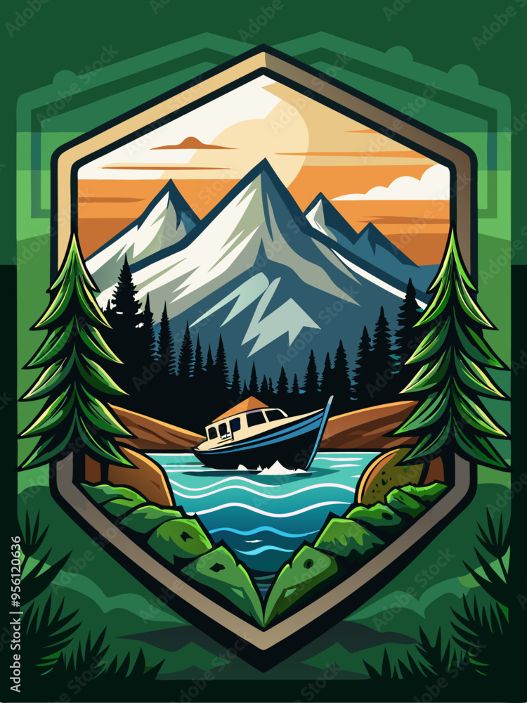 Boat on a Lake Surrounded by Mountains and Trees Boat on a Lake Surrounded by Mountains and Trees