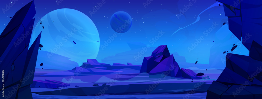 Dark night blue alien planet surface with desert and rock cliff ...