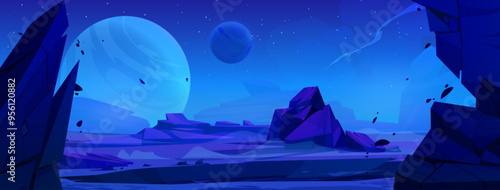 Dark night blue alien planet surface with desert and rock cliff mountains. Cartoon vector fiction outer space landscape with big stones and celestial bodies in sky for game level background.