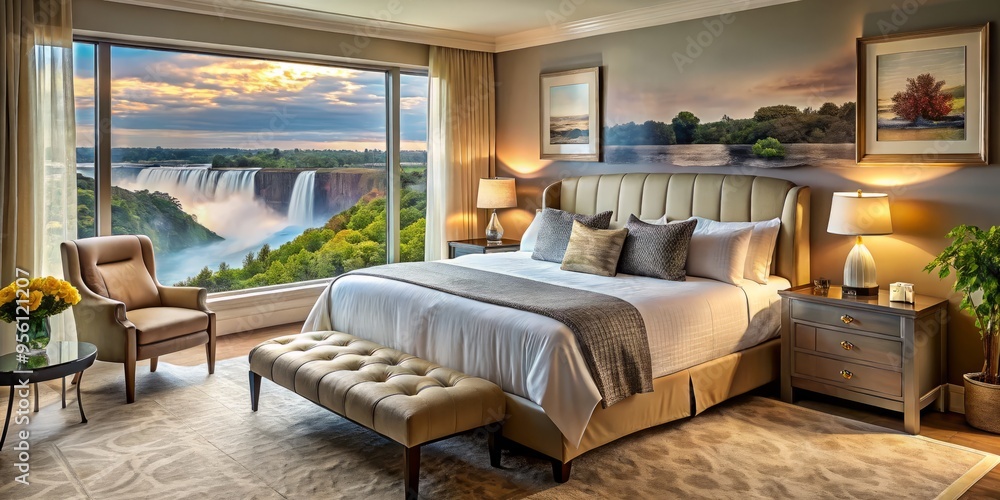 A serene retreat awaits, adorned with a plush bed, tufted headboard, and nightstands gazing out at the majestic A serene retreat awaits, adorned with a plush bed, tufted headboard, and nightstands gazing out at the majestic