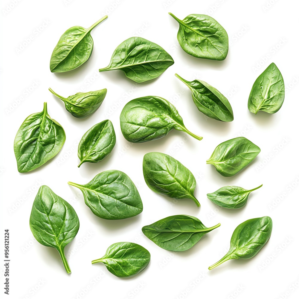 Fresh green spinach leaves scattered on white background. Fresh green spinach leaves scattered on white background.