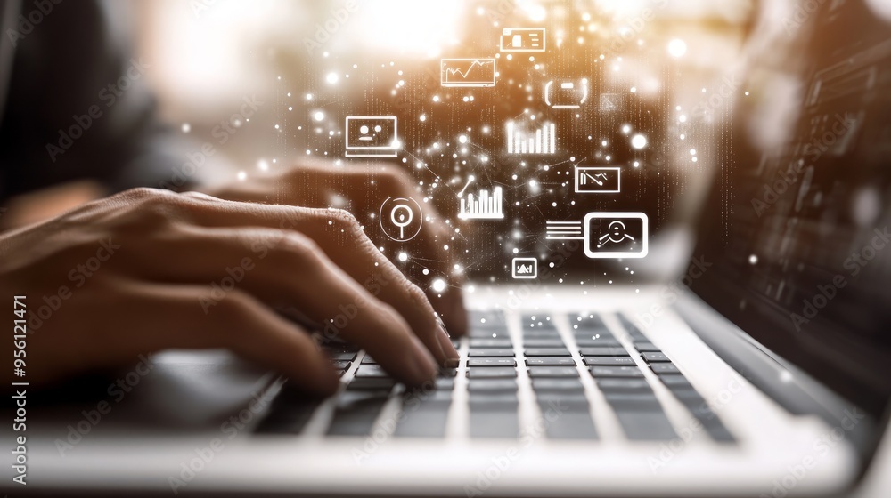 Close-up of hands typing on a laptop with digital project management icons floating above, technology in marketing using AI, white background, blurred foreground. Close-up of hands typing on a laptop with digital project management icons floating above, technology in marketing using AI, white background, blurred foreground.