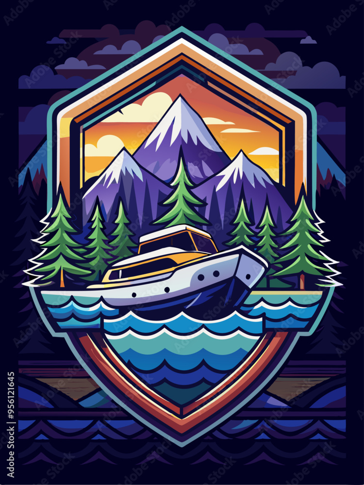 Boat In Front Of Majestic Mountains At Sunset Boat In Front Of Majestic Mountains At Sunset