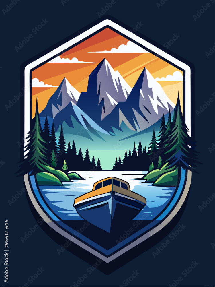 Boat on a Lake with Mountain Landscape and Sunset Boat on a Lake with Mountain Landscape and Sunset