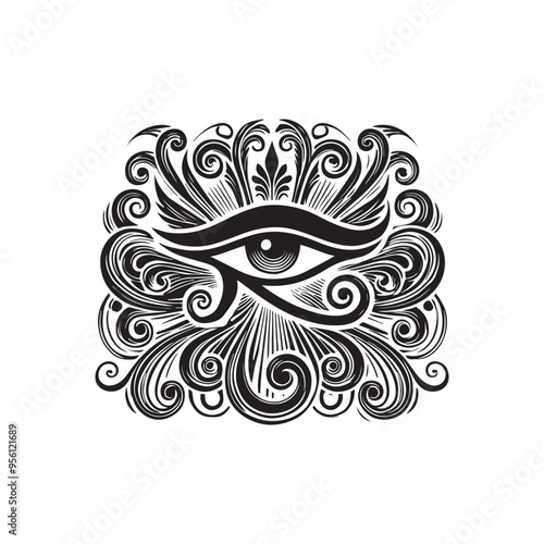 Egyptian Clipart Design - Ornate Eye of Horus Vector illustration in black and white