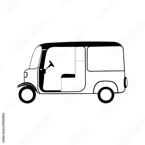 Black line drawing illustration of tuk tuk in side view, passenger transport