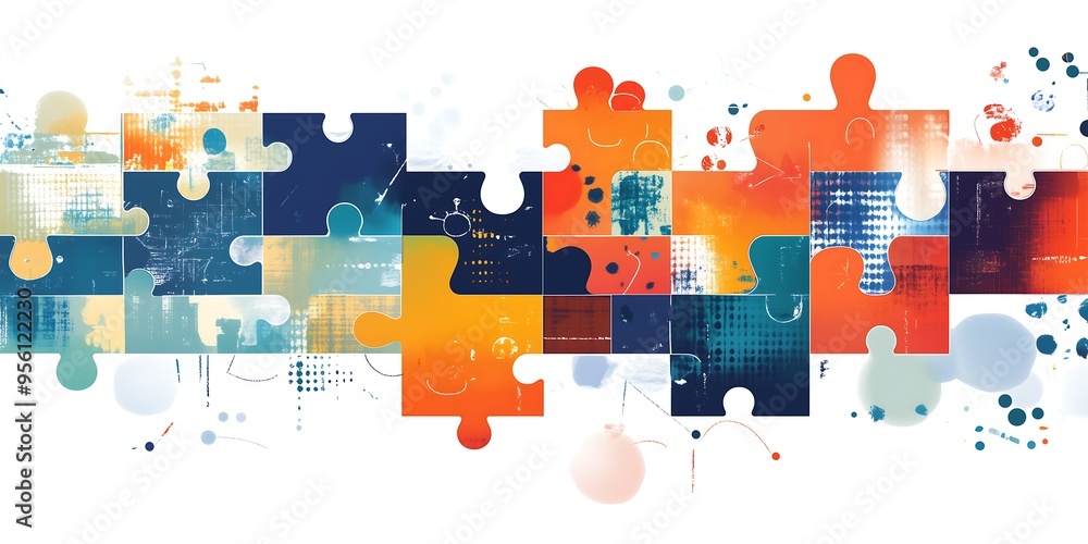 Naklejka premium Interlocking Puzzle Pieces in Vibrant Colors, Abstract Diversity and Unity in Puzzle Art