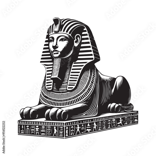 Egyptian Clipart Design - Sphinx with Hieroglyphic Base Vector illustration in black and white