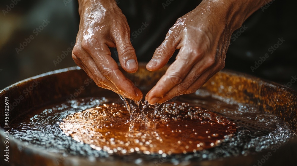 Fototapeta premium Hands carefully lowering a copper board into an acid bath, the liquid bubbling around the edges as circuit designs slowly emerge, realistic, cool tones, soft lighting, macro shot