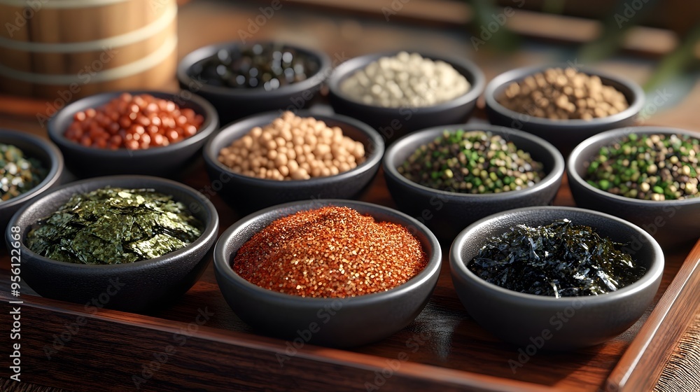 Close up of Traditional Japanese Spice Set with Sansho Pepper and Nori Flakes in Small Bowls Close up of Traditional Japanese Spice Set with Sansho Pepper and Nori Flakes in Small Bowls