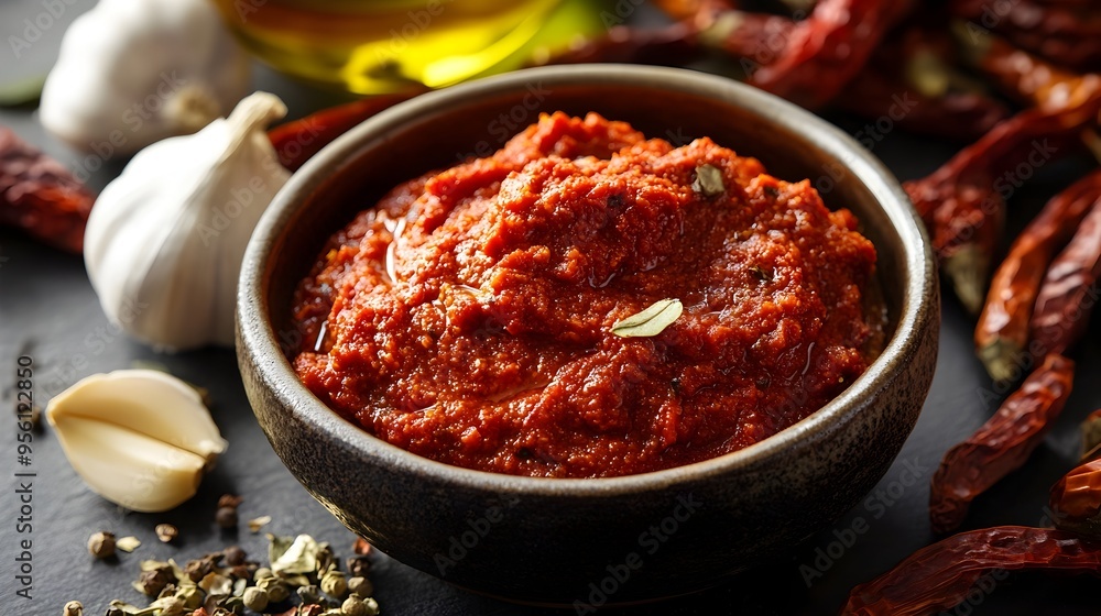 Close up of Vibrant Traditional Tunisian Harissa Paste with Dried Chilies and Aromatics Close up of Vibrant Traditional Tunisian Harissa Paste with Dried Chilies and Aromatics