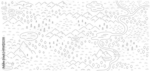 Area map sketch nature. Mountain river and forest. Vector editable outline line stroke.