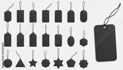 A set of realistic black price tags on a transparent background. Cardboard labels with a thread. Gift labels on a rope.  Vector illustration. EPS 10.