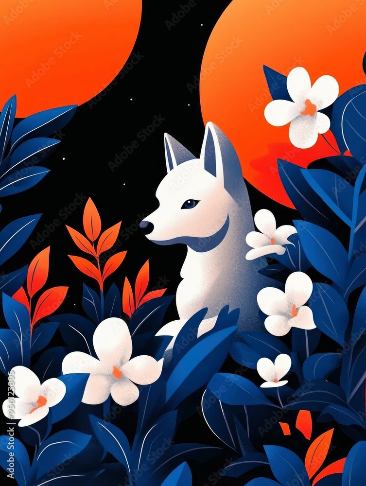 White Wolf Hidden Among Blue and Orange Leaves White Wolf Hidden Among Blue and Orange Leaves
