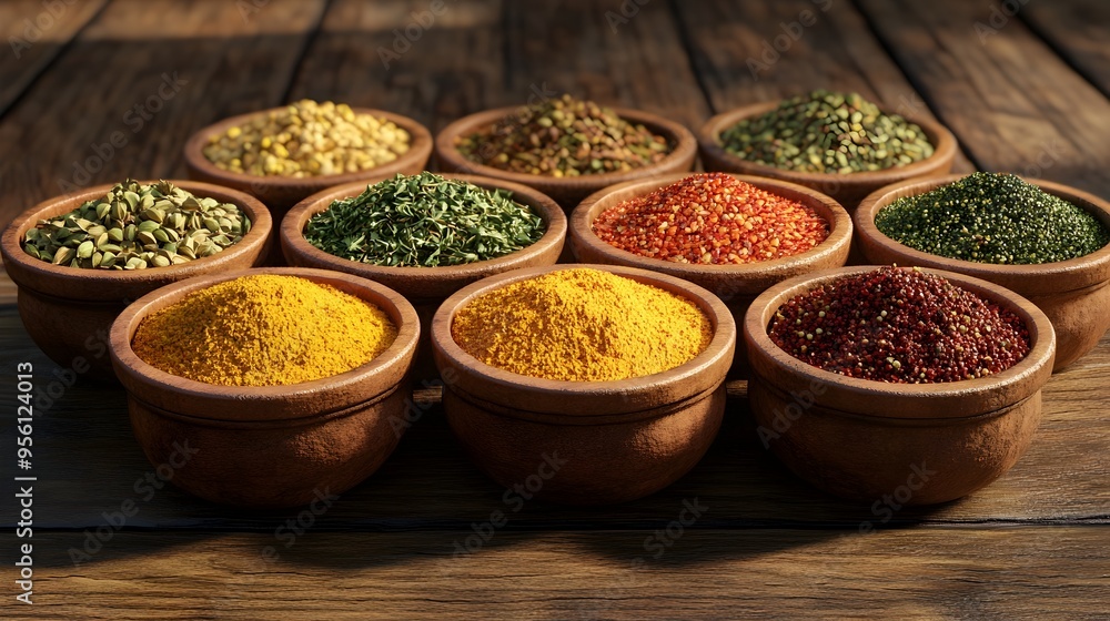 Exotic Spices Arrangement in Clay Bowls on Wooden Surface Exotic Spices Arrangement in Clay Bowls on Wooden Surface