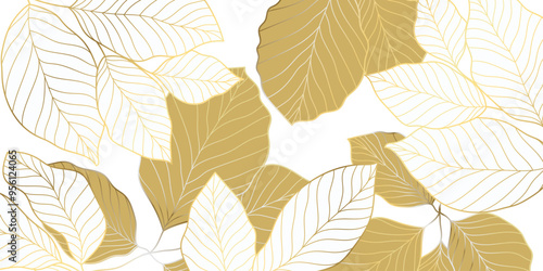 Luxury gold line art autumn leaf background vector. Natural botanical elegant foliage with jungle leaves. Design illustration for decoration, wall decor, wallpaper, cover, banner, poster, card.