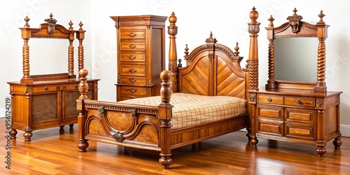 A stunning antique bedroom set crafted from rich tiger maple wood features intricate turned spindles and cabriole legs, photo