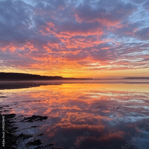 A breathtaking sunrise paints the sky with vibrant hues of pink, orange, and yellow, reflecting on the calm water of a bay.