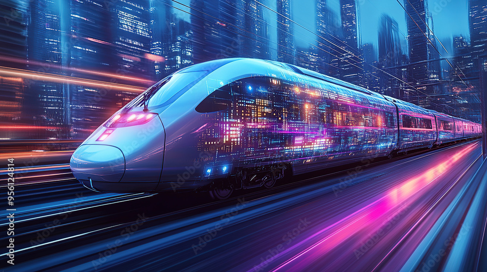 A high-speed train with digital data flowing through it, a futuristic cityscape in the background A high-speed train with digital data flowing through it, a futuristic cityscape in the background