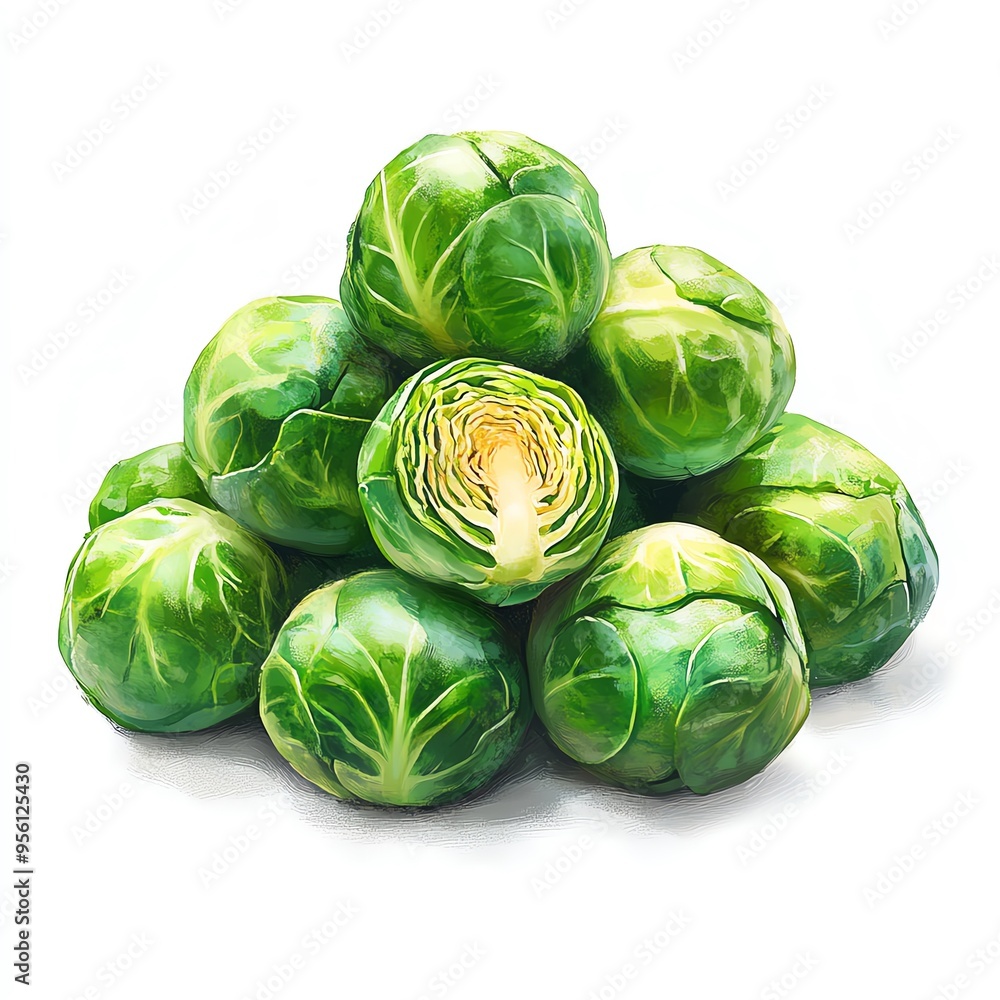 Fresh Brussels sprouts, isolated on white background, full depth of field, crisp texture and vibrant color, digital artwork. Fresh Brussels sprouts, isolated on white background, full depth of field, crisp texture and vibrant color, digital artwork.