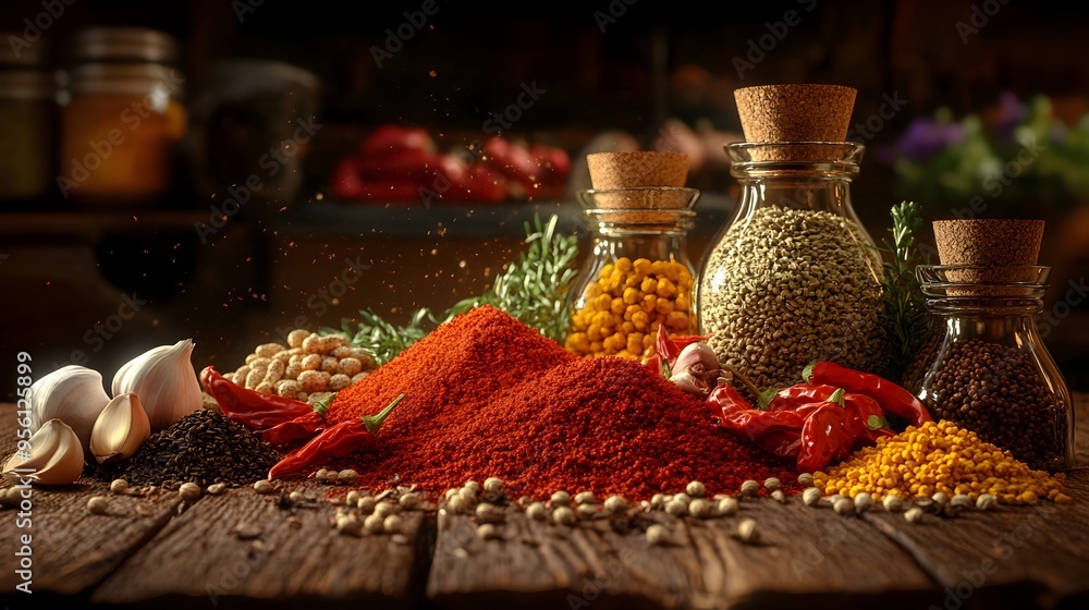 Rustic European Spice Arrangement on Wooden Table Rustic European Spice Arrangement on Wooden Table