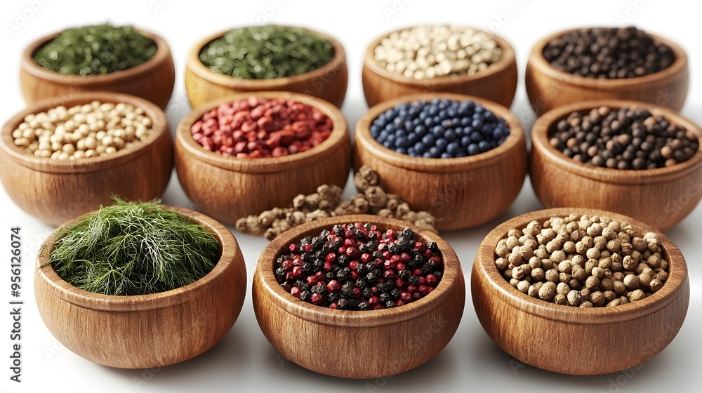 Scandinavian Spices Displayed in Rustic Wooden Bowls Scandinavian Spices Displayed in Rustic Wooden Bowls