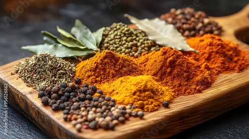 Fototapeta Naklejka Na Ścianę i Meble -  Variety of Spices for Flavorful South African Bobotie Dish on Wooden Board