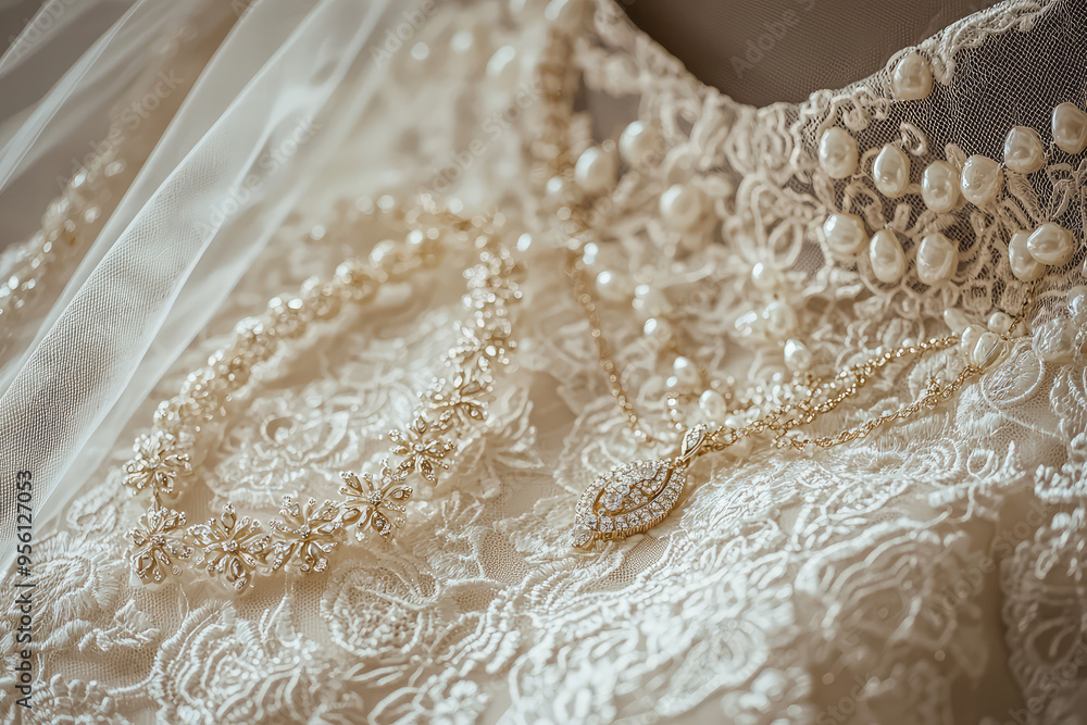 A Glimpse of Elegance: Delicate Jewelry Adorns a Luxurious Bridal Dress, a Symbol of Love and New Beginnings. A Glimpse of Elegance: Delicate Jewelry Adorns a Luxurious Bridal Dress, a Symbol of Love and New Beginnings.