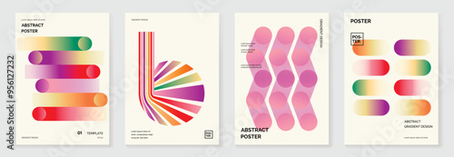 Collection of 70s color gradient poster background vector. Set of retro wall decoration, groovy, trippy, geometric shape. Vintage hippie wall art for interior, decorative, banner, cover, card.